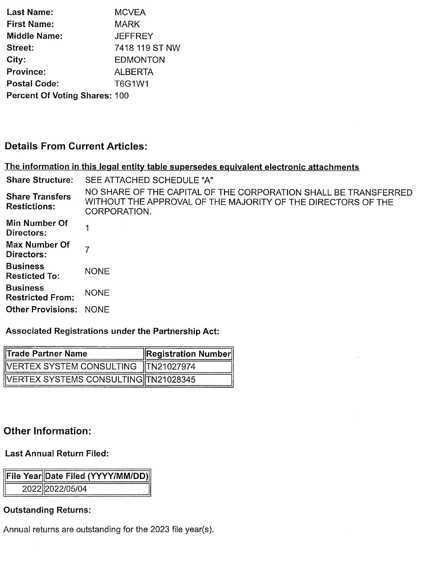 2102787 Alberta Inc. Vertex Systems corporation information